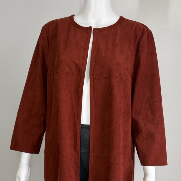 Chico’s Open Front Faux Suede Long Jacket in Rust Brown - Picture 3 of 10